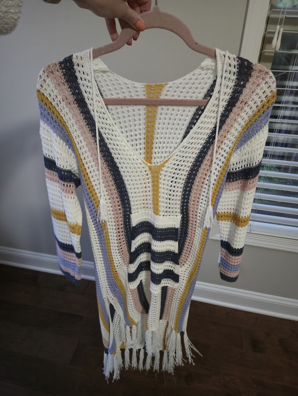 Women’s Crochet Stripe Beach Cover-Up in Cream & Multicolor - Picture 5 of 5